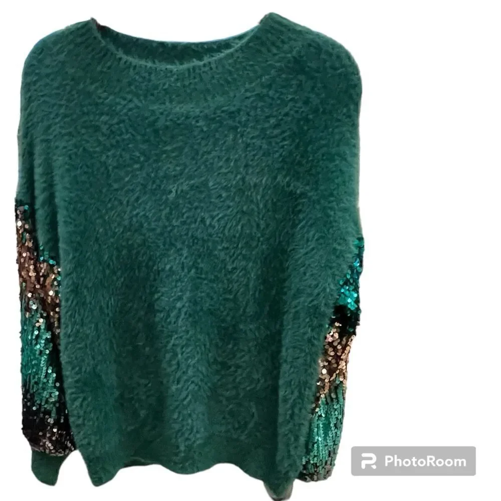 Wishlist pullover Sweater Green Purple Sequins Holiday Super Soft Large Like New
